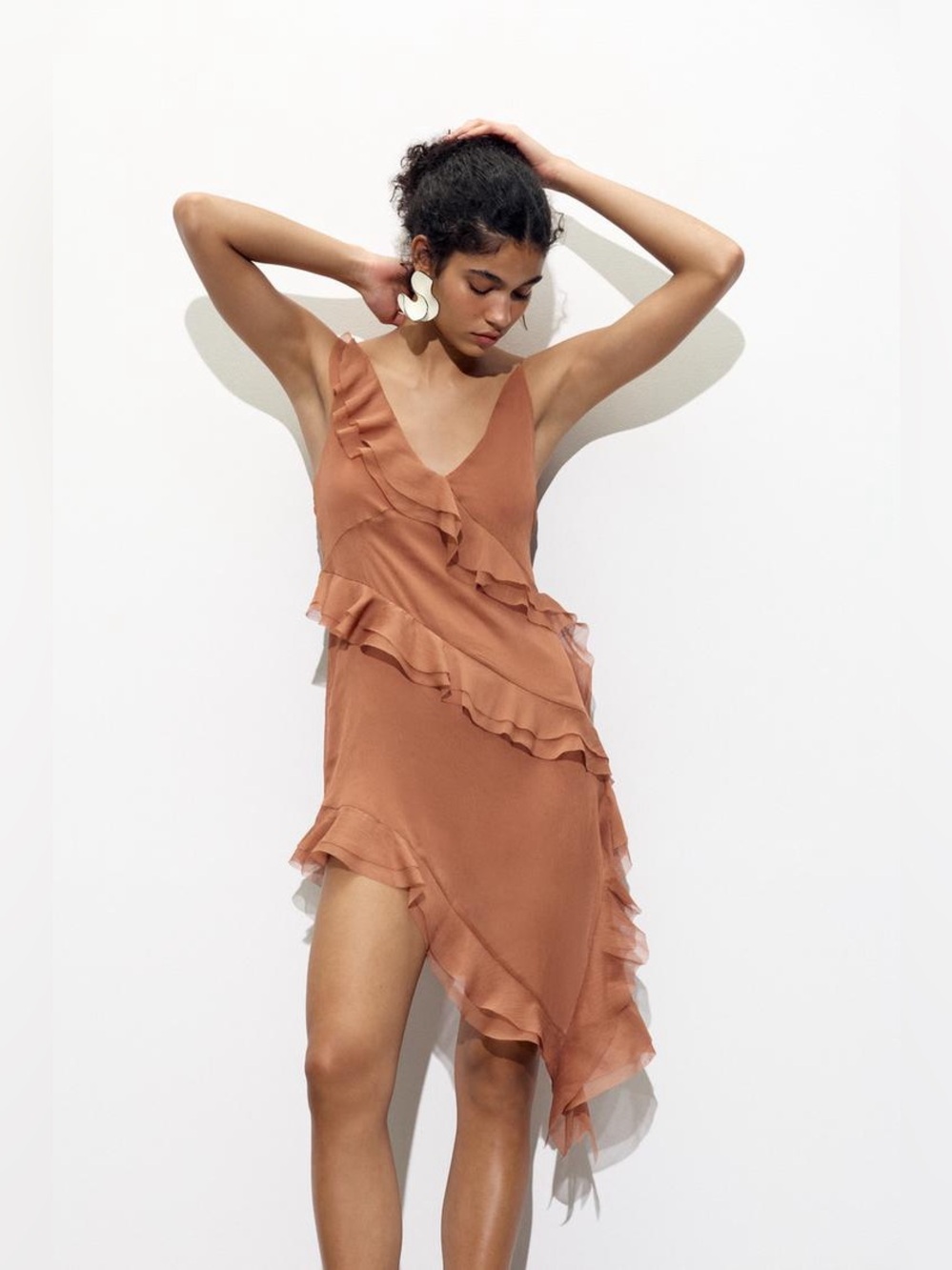 Zara Asymmetric Brown Ruffle Dress NWOT